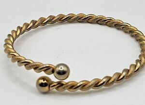 Vintage Gold Tone Twisted Rope Bangle Bracelet Ball Ends Torque Cable 8in